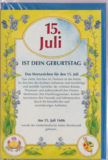 KARTE ZUM GEBURTSTAG 15. Juli Geburtstagskarte Glückwünsche EUR 1,95