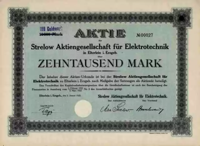 Strelow Elektrotechnik 1923 Elterlein Erzgebirge Berlin umgestellt 100 Gold Mark