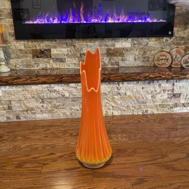 Vtg Rare 21”Le Smith Bittersweet Orange Viking Swung Glass Ribbed Slag Vase