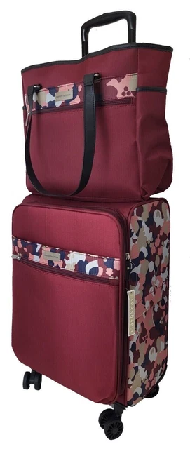 Samantha Brown 22" Spinner with Satchel 2-piece Burgundy Geo Camo, 2 FLAWS NWT