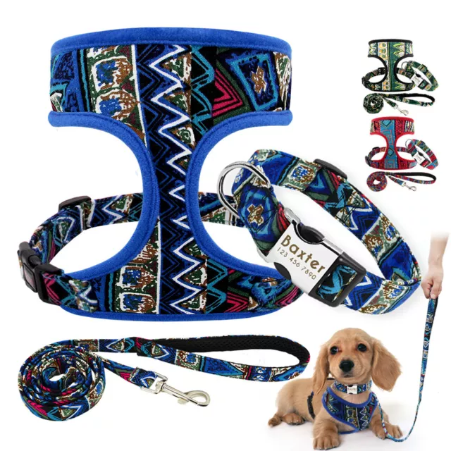 3pcs Nylon Personalised Dog Pet Collar & Dog Harness Vest & Walking Lead set