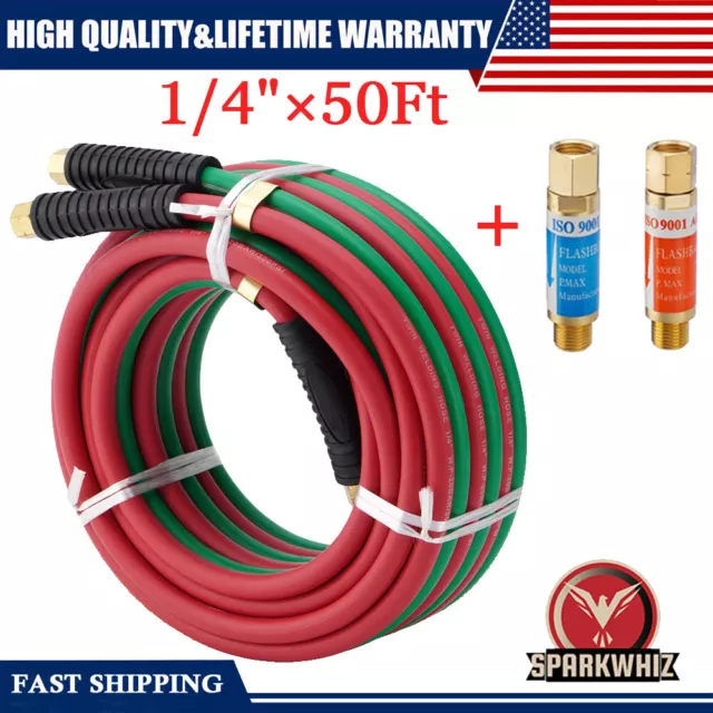 NEW Oxygen Acetylene Hose 1/4"×50ft 9/16"-18 B fittings&Flashback Arrestors KIT