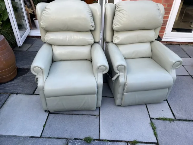 Pair Of Pale Green Leather Rise & Recline Electric Mobility Aid Armchairs