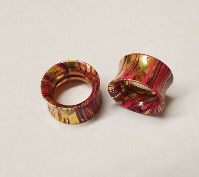 PAIR-Pink/Gold Ion Plate Double Flare Ear Tunnels 16mm/5/8" Gauge Body Jewelry