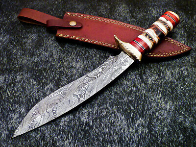 Authentic HAND FORGED DAMASCUS BOWIE HUNTING KNIFE - ENGRAVING BONE - FR-5499