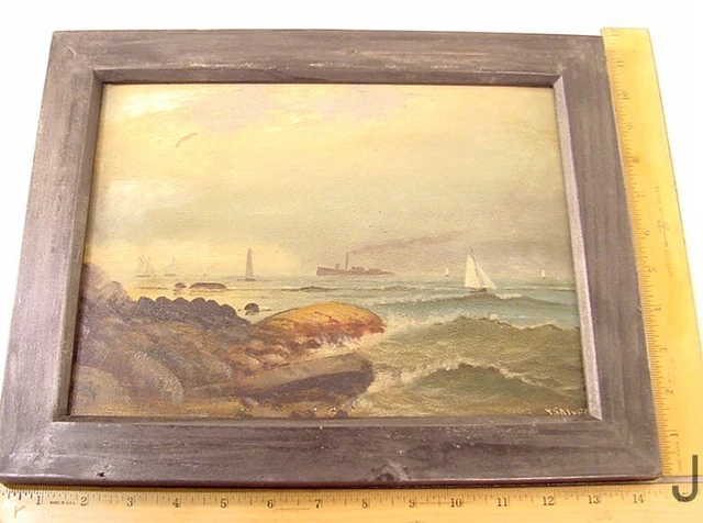 Late 1800'S Oil On Board Nautical Painting J. Salvea New England Lighthouse Boat