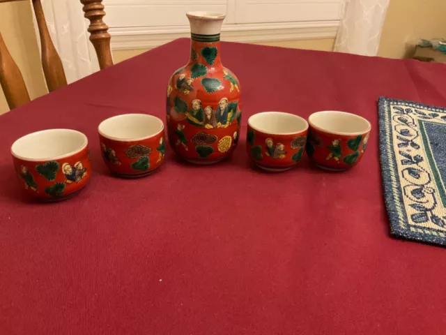 Vintage Signed Japanese Ceramic Sake Set Kutani-Yaki has crazing Ishikawaka-Ken