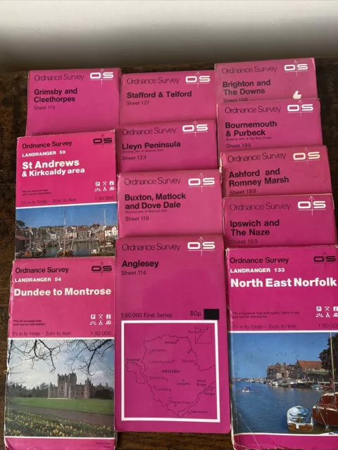 OS Ordnance Survey One inch Pink Maps - various