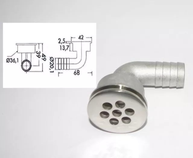 Bonde d'évacuation inox 316 Coudée 90° Pour Cockpit