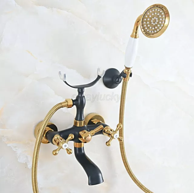 Black & Gold Brass Claw-foot Bathtub Faucet Wall Mounted Tub Faucet Hand Shower