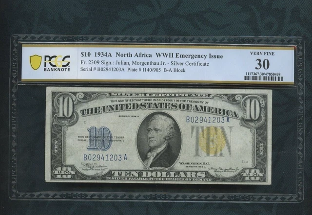1934A North Africa  WWII Emergency Issue  $10 dollars Fr # 2309 PCGS 30