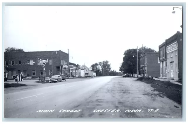 Chester Iowa IA Postcard RPPC Photo Main Street Conoco Cafe Stores Cars c1940's