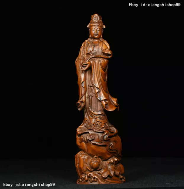 8" Chinese Buddhism Boxwood Wood Carved GuanYin Kwan-yin Buddha Hold RuYi Statue