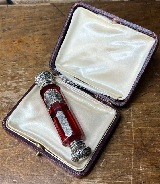 Victorian Cut Ruby Crystal Glass Bottle Silver Top Poison Skull Cyanide Antidote