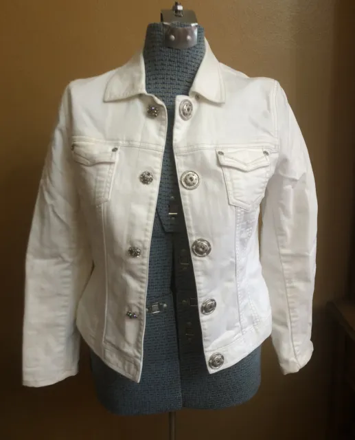 Women’s Elie Tahari White Collared Embellished Denim Jacket Size S Jeweled