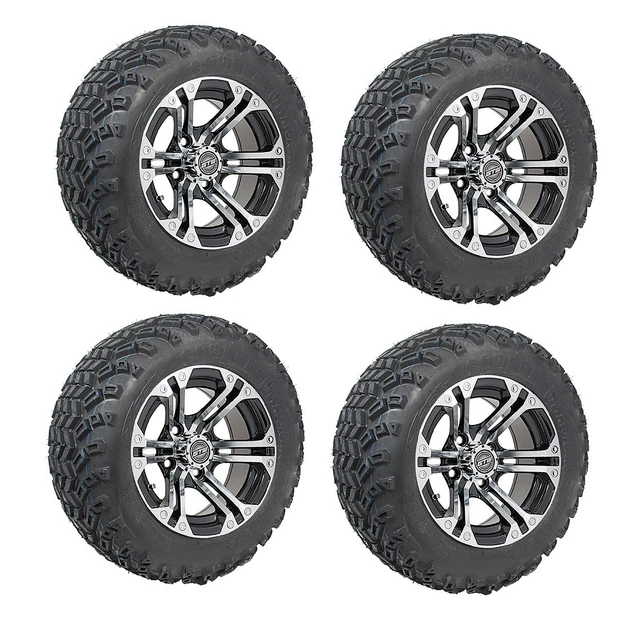 Golf Cart GTW 12"" Specter Machined Black Wheel 22-11-12 to Tire Set of