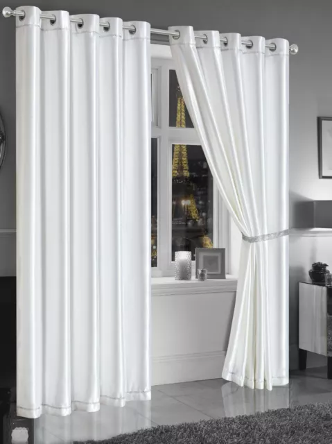 White BlockOut Diamante Satin Curtains Ready Made Eyelet Panels with Tie Backs