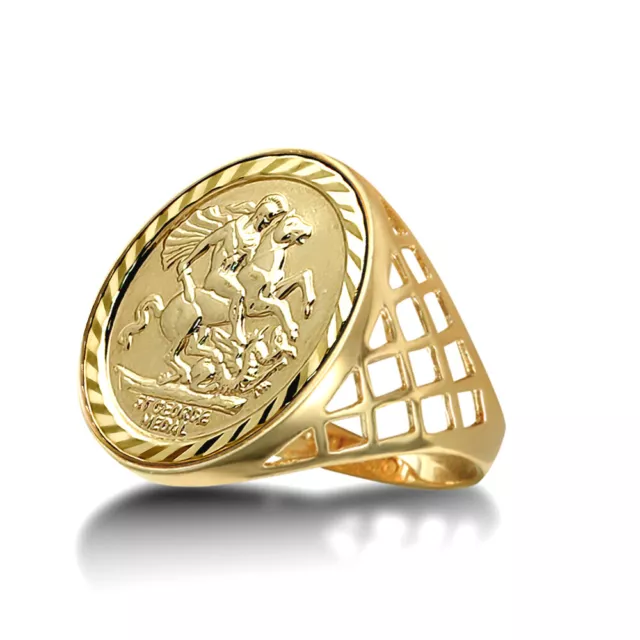 9ct Gold Jewelco London St George Dragon Slayer Basket Half-Sovereign-Size Ring