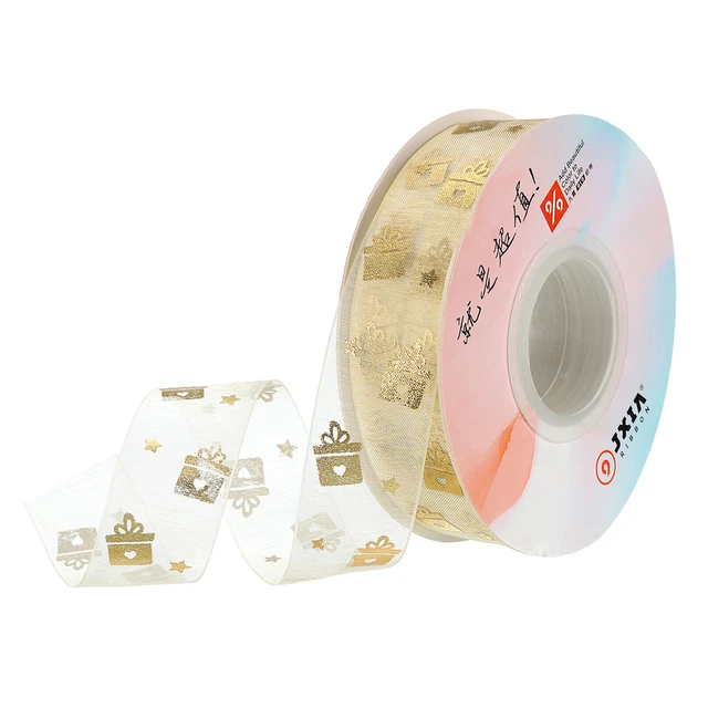 Cinta de gasa transparente de 1 pulgada 10 yardas de ancho con cable oro regalo impreso