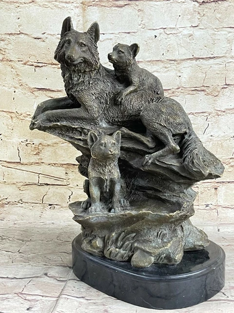 French Vintage Genuine Bronze Sculpture of Three German Shepard Dogs Artwork NR