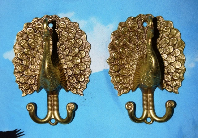 Brass Peacock Hanger Golden Pair Peafowl Shaped Living Room Wall Decor Hook MD38