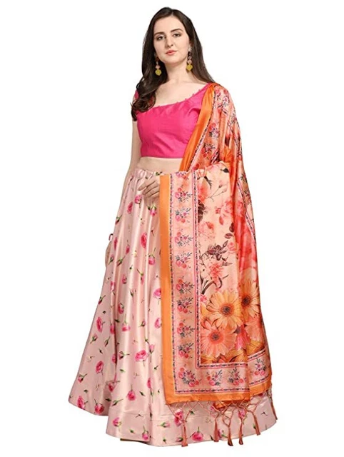 Wedding Desiger Lehenga Choli & Dupatta Poly Silk Digital Print Free-Size, Pink