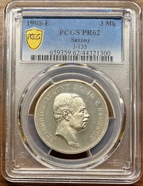 1908 E German States SAXONY PROOF Silver 3 Mark Coin PCGS PR62