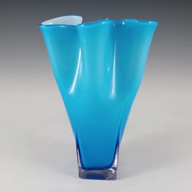 Japanese Vintage Blue & Opal White Cased Glass Handkerchief Vase