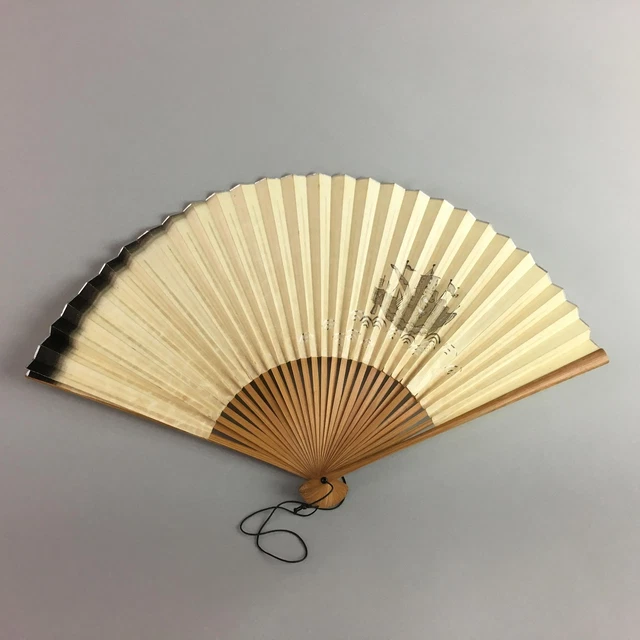Japanese Folding Fan Sensu Paper Bamboo frame Hand Painting Sailing ship 4D279
