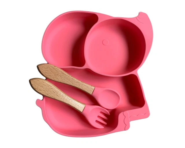 Babyteller,Silikon Teller mit Saugnapf, Babybesteck,Kinderteller, Elefanten Rosa