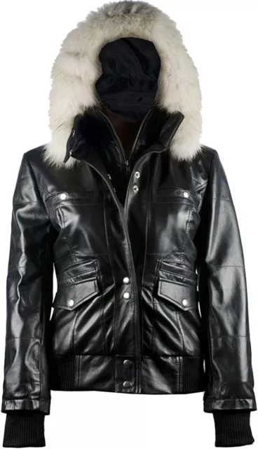 Uomo Nero Bomber con Cappuccio Giacca Finta Pelliccia Vera Pelle Biker Inverno