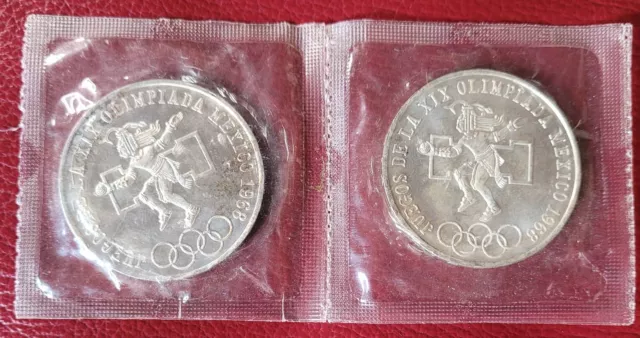 2 Mexico Olympics (1968) 25 Pesos 0.72 Silver 25 Pesos Coins UNC  Sealed Pouches