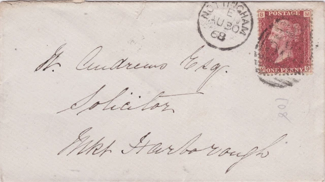 1868 QV 1d PENNY RED STAMP PLATE 108 ON NOTTINGHAM COVER TO MARKET HARBOROUGH