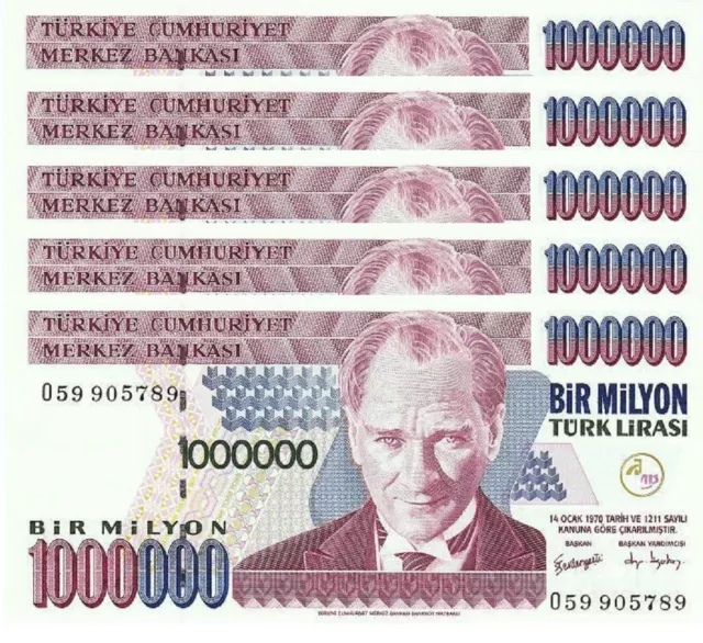 Turkey 1000000 - 1,000,000 - 1 Million Lira 2002 *O Prefix* Unc 5 Pcs Lot P.213