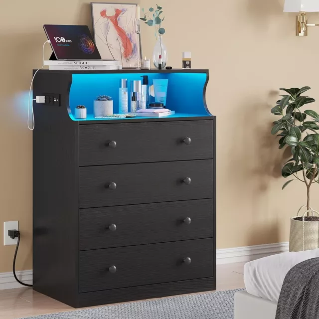 4 Drawers LED Dresser for Bedroom, Large Capacity Tall Storage Cabinet(Black)