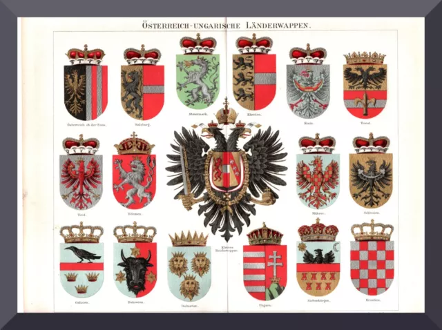 Österreichisch-Ungarische Länderwappen+ alte Chromolitho+ 1888 +K.u.K. Monarchie