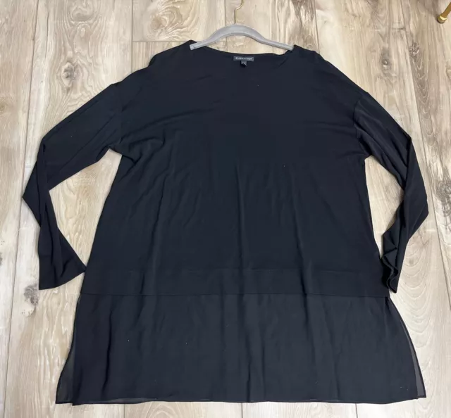 Eileen Fisher Silk Tunic Top Silk Chiffon Hemline Long Sleeve Black Size Large