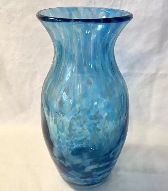 Hand Blown Studio Art Glass Vase Aqua & Light Blue Mottled Speckle Splatter 8.5”