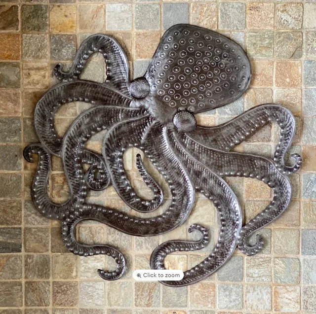 Metal Octopus, Decorative Sea Life Theme Wall Hanging Art, Handmade in Haiti 23"