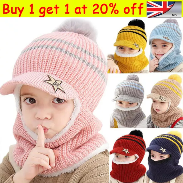 Kids Girls Boys Toddler Baby Winter Warm Hat Hooded Scarf Earflap Knitted Cap