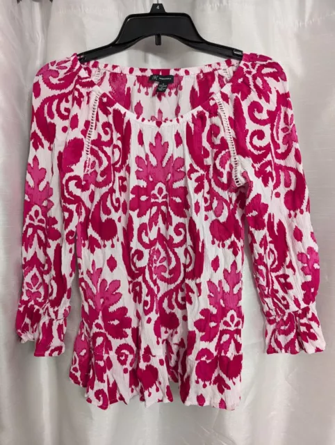 INC International Concepts Size Small Pink White IKAT Peasant Blouse Top