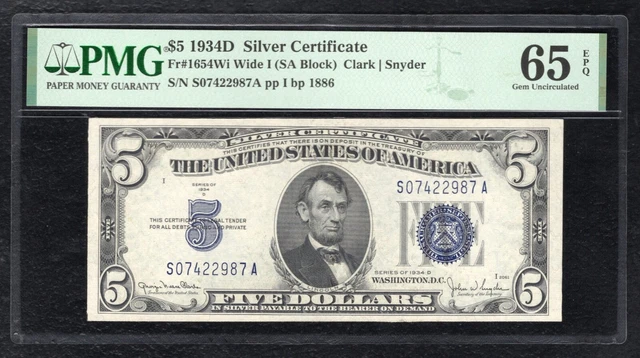 FR. 1654-Wi 1934-D $5 SILVER CERTIFICATE CURRENCY NOTE PMG GEM UNC-65EPQ