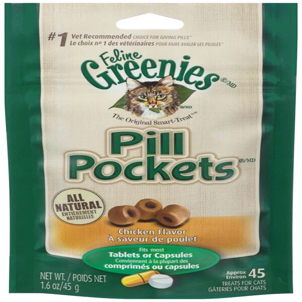 Bolsillos de píldora felina Greenies golosinas para gatos pollo 1ea-1.6 oz; 45 quilates