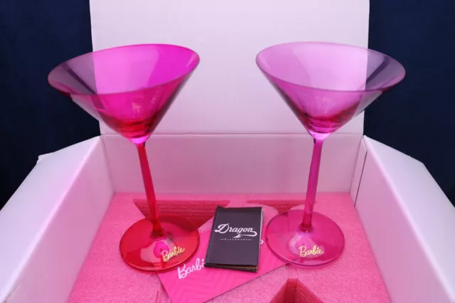 Barbie X Dragon Glassware 2 Martini Pink & Magenta Crystal Stemmed NIB 7.5 "