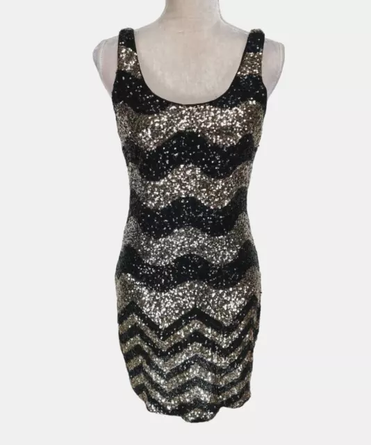 bebe Women Size M Bodycon Mini Dress Black Gold Sequin Crew Neck Sleeveless