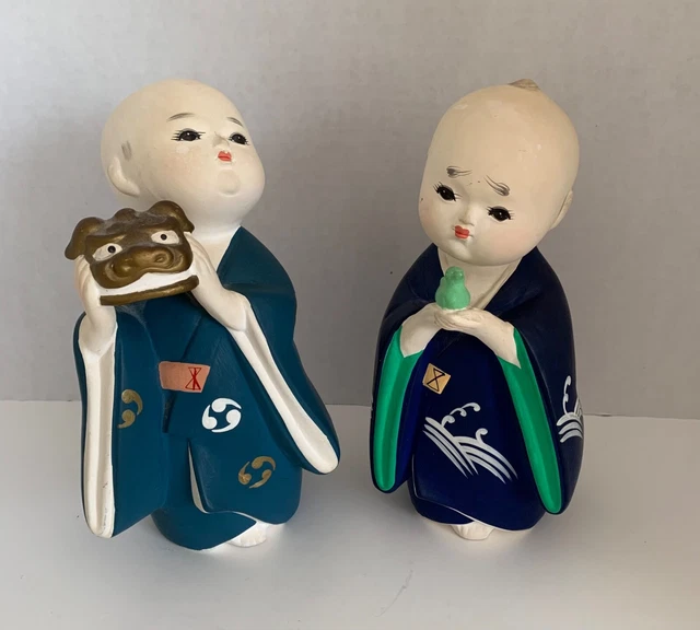 Vintage Japan Clay Bisque Hakata Dolls Baby Child, Foo Dog, Bird, Kimono