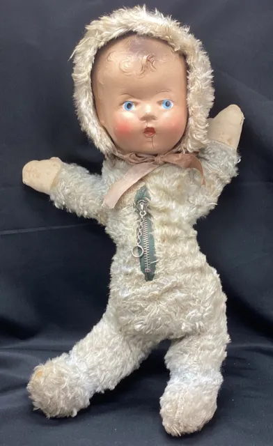 Old Antique Doll bisque painted head with faux fur stuffed body + zipper pouch