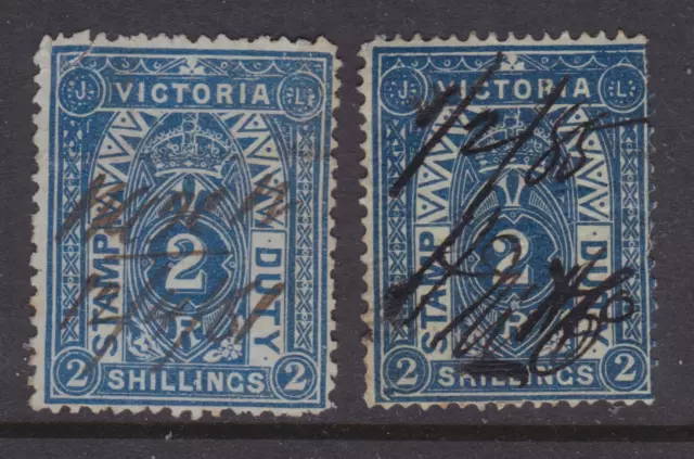 Victoria Rare 1880-85 2/- Blue Qv Stamp Duty X2 Used Sg 258 Cv$120+ (Dk48.14)