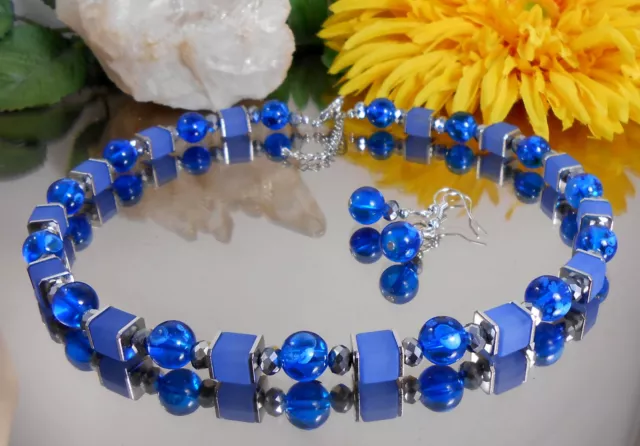 2er Set Collier + Ohrringe Würfel blau matt u. Glas Perlen blau marmoriert