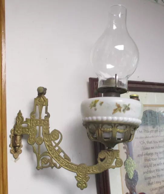 Oil Lamp White Milk Glass & Flowers In Wall Hanger